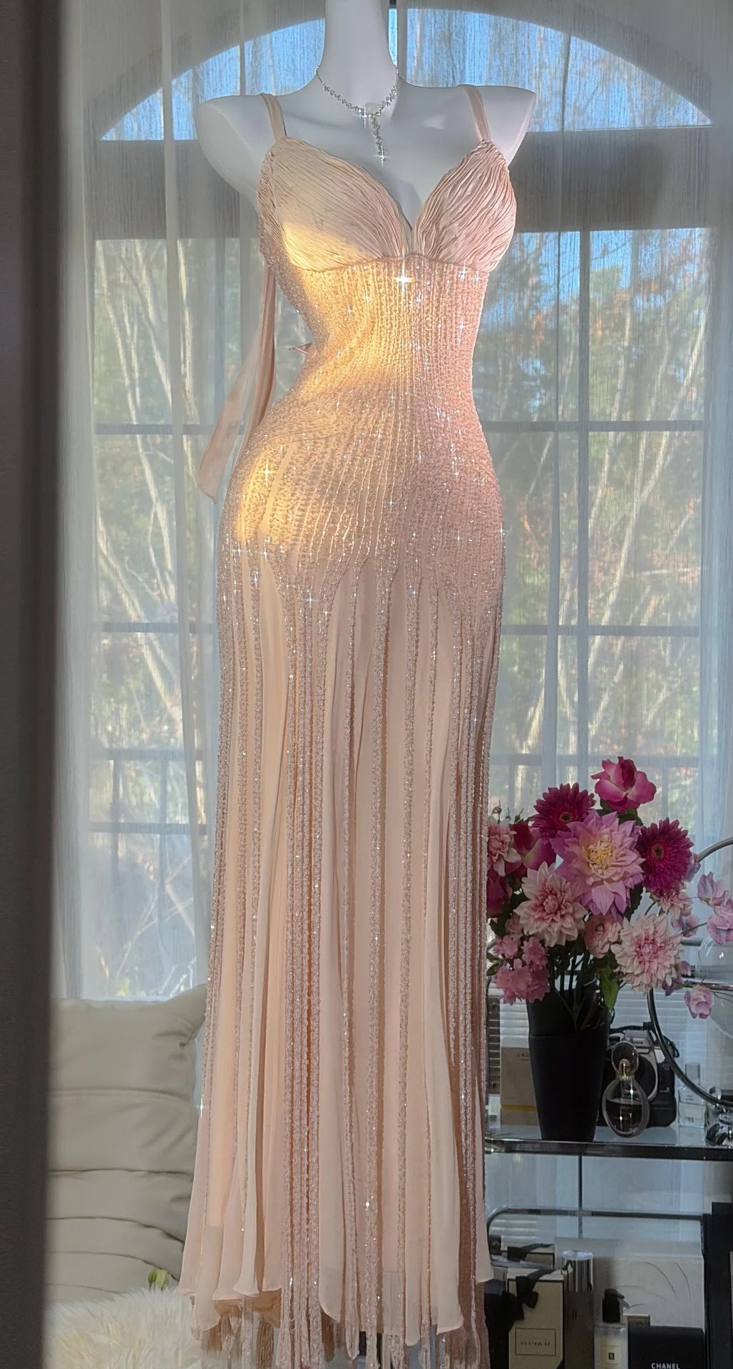 Chic Blush Pink Prom Dress Chiffon Beaded Sheath Evening Dress Straps Birthday Dress ED06999