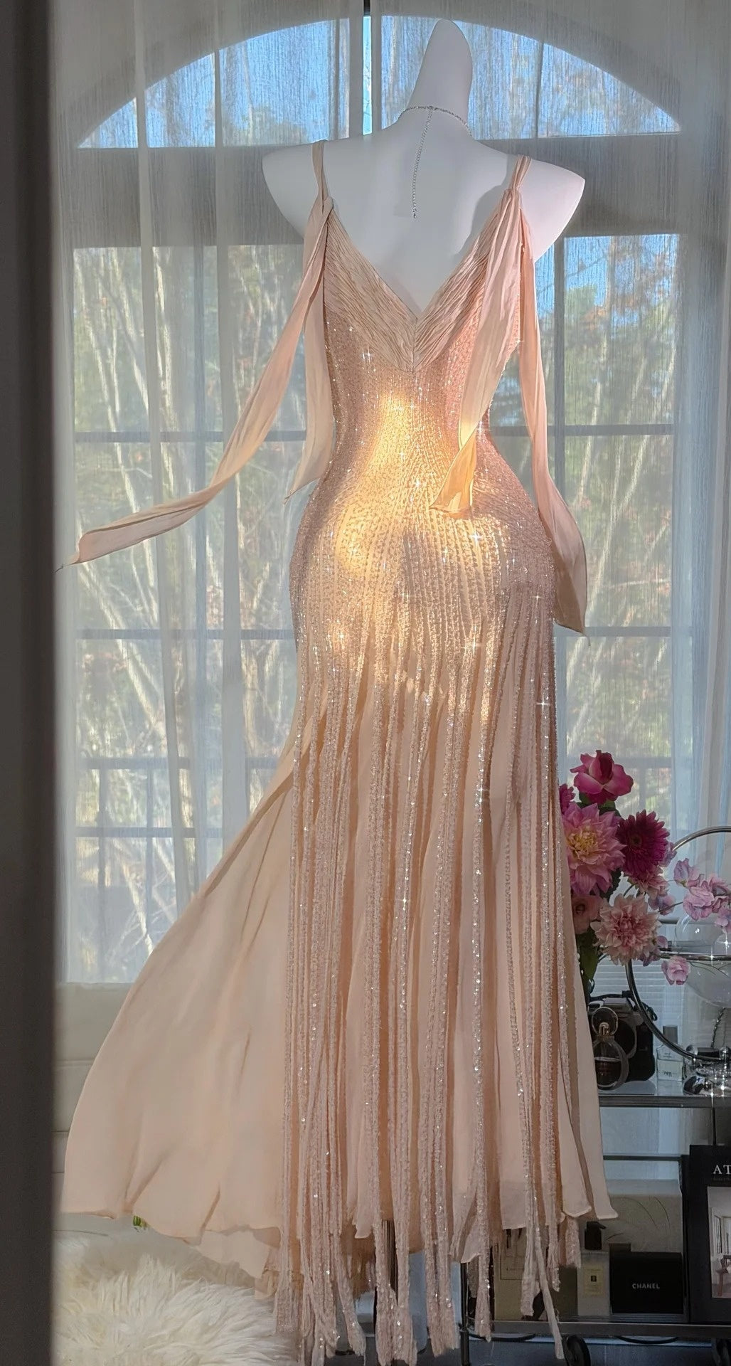 Chic Blush Pink Prom Dress Chiffon Beaded Sheath Evening Dress Straps Birthday Dress ED06999