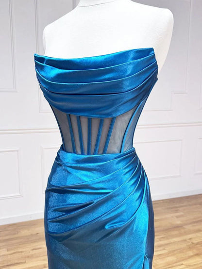 Blaue Satin Meerjungfrau Lange Ballkleider, Blaue Abendkleider ED0700