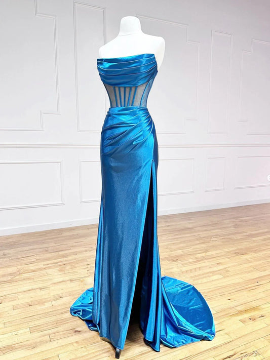 Blaue Satin Meerjungfrau Lange Ballkleider, Blaue Abendkleider ED0700