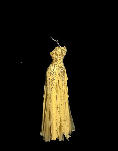 Chic Gold Prom Dress Chiffon Sequins Sheath Evening Dress Strapless Birthday Dress ED07000