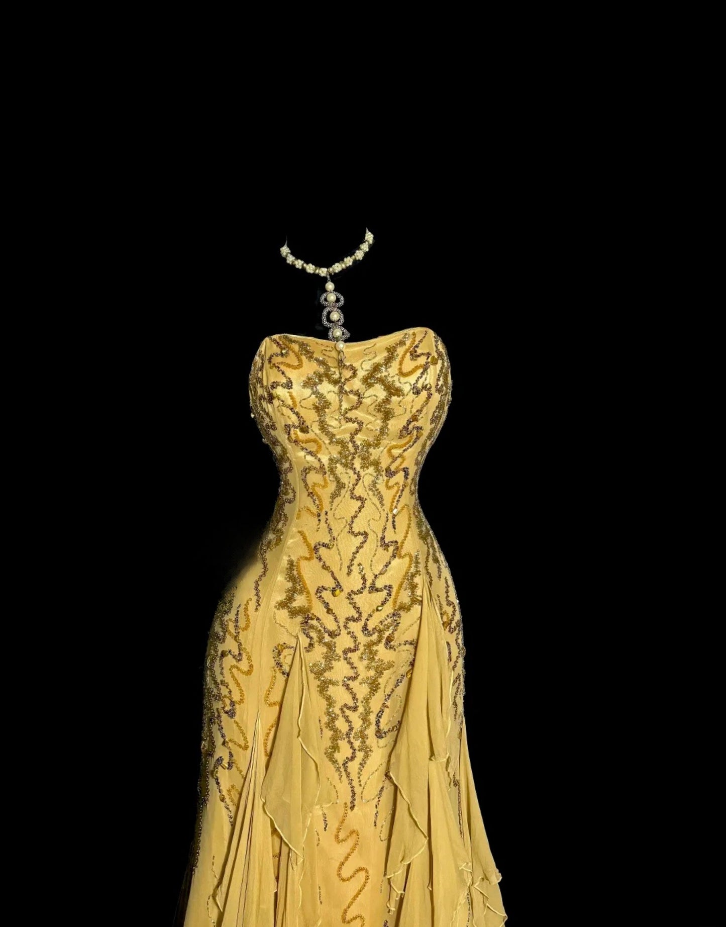 Chic Gold Prom Dress Chiffon Sequins Sheath Evening Dress Strapless Birthday Dress ED07000