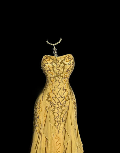 Chic Gold Prom Dress Chiffon Sequins Sheath Evening Dress Strapless Birthday Dress ED07000