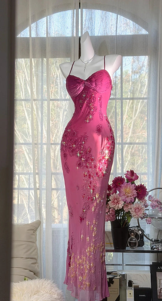 Chic Pink Prom Dress Chiffon Beaded Spaghetti Straps Evening Dress Sheath Formal Dress ED07005