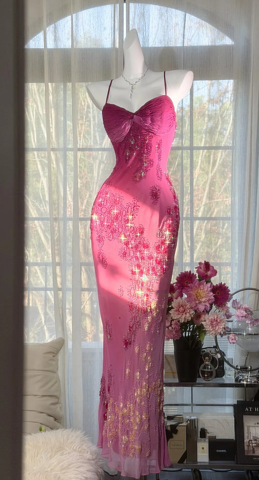 Chic Pink Prom Dress Chiffon Beaded Spaghetti Straps Evening Dress Sheath Formal Dress ED07005