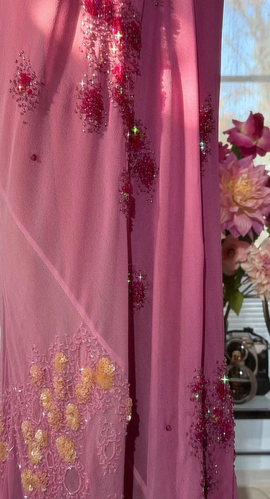 Robe de bal rose chic en mousseline, bretelles spaghetti perlées, robe de soirée fourreau, robe de cérémonie ED07005