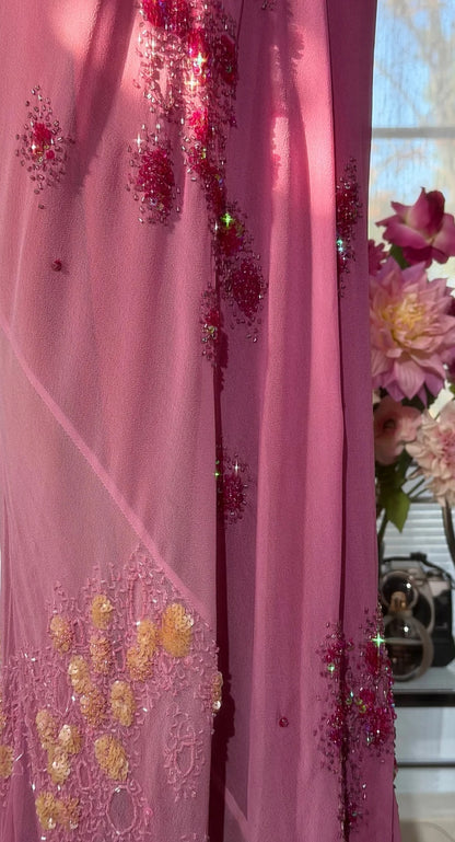 Robe de bal rose chic en mousseline, bretelles spaghetti perlées, robe de soirée fourreau, robe de cérémonie ED07005
