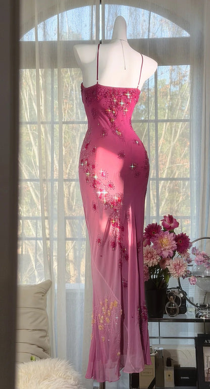 Robe de bal rose chic en mousseline, bretelles spaghetti perlées, robe de soirée fourreau, robe de cérémonie ED07005
