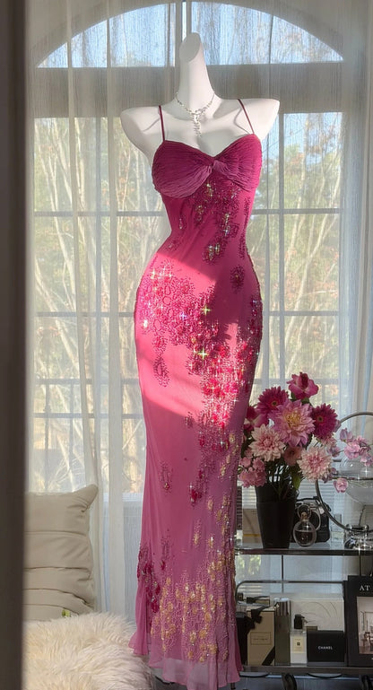 Robe de bal rose chic en mousseline, bretelles spaghetti perlées, robe de soirée fourreau, robe de cérémonie ED07005