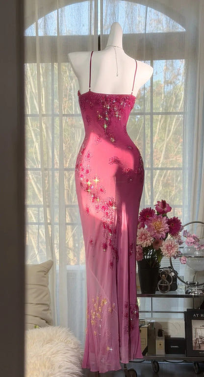 Robe de bal rose chic en mousseline, bretelles spaghetti perlées, robe de soirée fourreau, robe de cérémonie ED07005