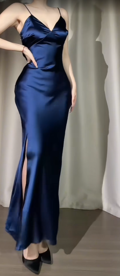 Chic Navy Blue Prom Dress Satin Spaghetti Straps Evening Dress Sheath Formal Dress ED07006