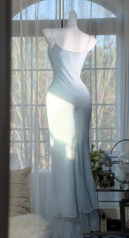 Robe de bal bleu pâle à fines bretelles, en mousseline de soie ornée de perles, coupe fourreau, référence ED07007