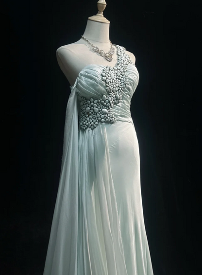 Robe de bal chic vert menthe en mousseline perlée, robe de soirée fourreau, robe de cérémonie ED07008