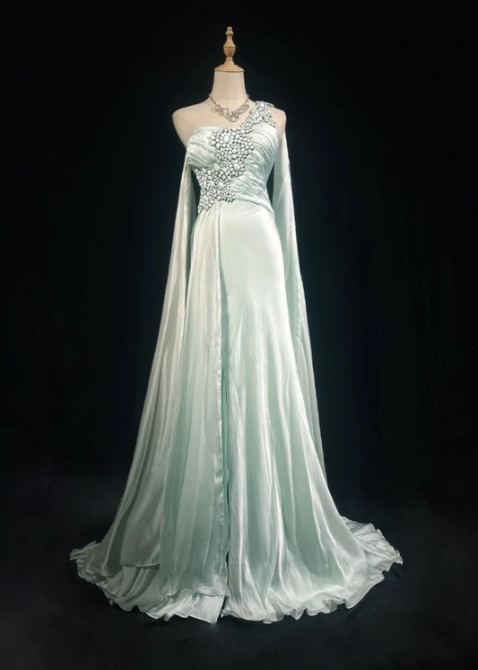 Elegantes mintgrünes Chiffon-Abendkleid mit Perlenbesatz, Etuikleid, formelles Abendkleid ED07008