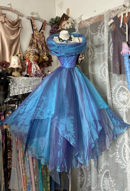 Robe de bal bleue chic en tulle à fines bretelles, robe de soirée trapèze, robe d'anniversaire ED07009