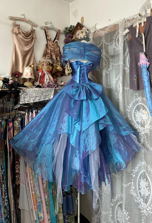 Chic Blue Prom Dress Tulle Spaghetti Straps Evening Dress A-Line Birthday Dress ED07009