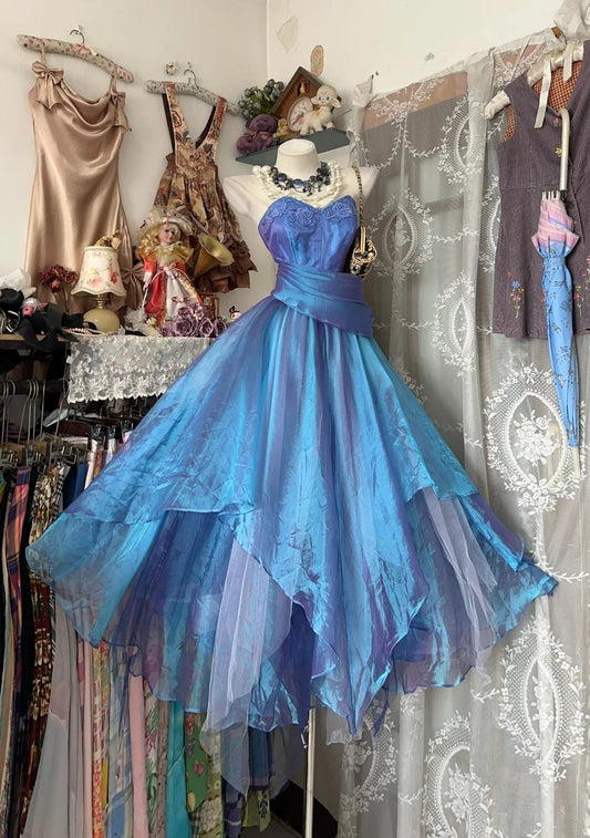 Chic Blue Prom Dress Tulle Spaghetti Straps Evening Dress A-Line Birthday Dress ED07009