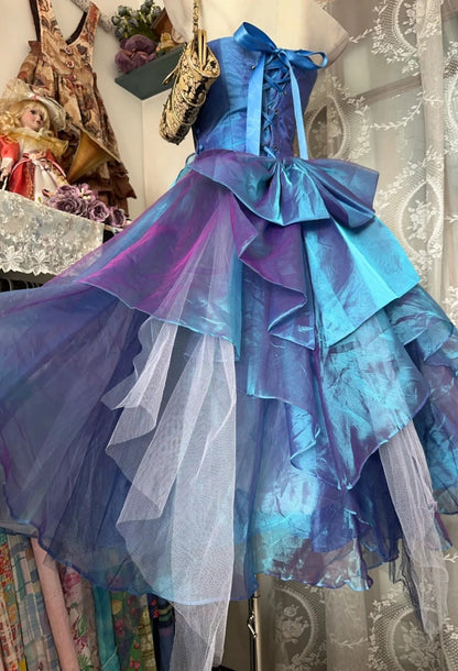 Robe de bal bleue chic en tulle à fines bretelles, robe de soirée trapèze, robe d'anniversaire ED07009
