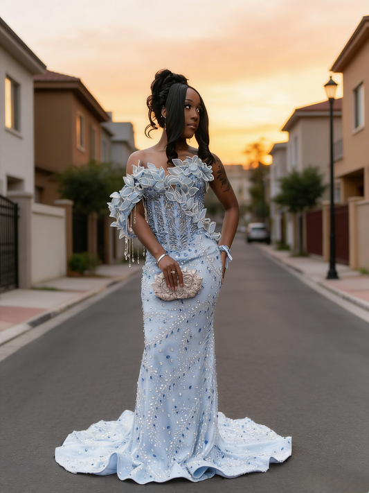 Chic Blue Prom Dress Tulle Beaded One-shoulder Evening Dress Sheath Birthday Dress ED07010