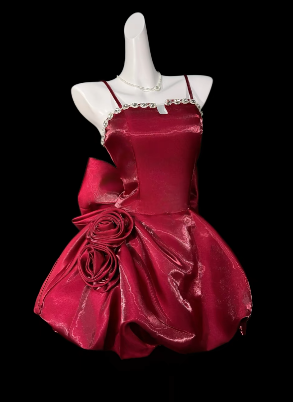 Chic Red Prom Dress Satin Spaghetti Straps Evening Dress A-Line Birthday Dress ED07011