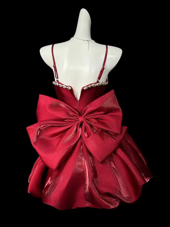 Chic Red Prom Dress Satin Spaghetti Straps Evening Dress A-Line Birthday Dress ED07011