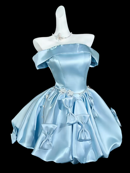 Elegantes blaues Ballkleid aus Satin, schulterfrei, A-Linien-Schnitt, Geburtstagskleid ED07012