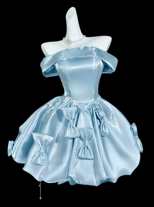 Elegantes blaues Ballkleid aus Satin, schulterfrei, A-Linien-Schnitt, Geburtstagskleid ED07012