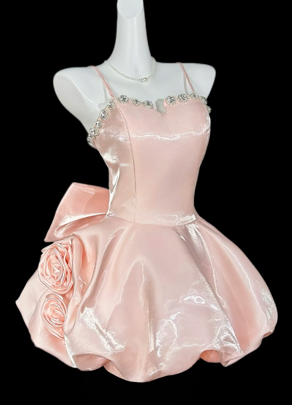 Niedliches rosa Ballkleid aus Satin mit Spaghettiträgern, A-Linien-Schnitt, Geburtstagskleid ED07012
