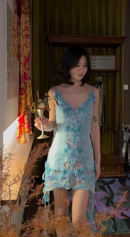 Chic Blue Prom Dress Tulle Beaded Sheath Evening Dress V-Neck Birthday Dress ED07013
