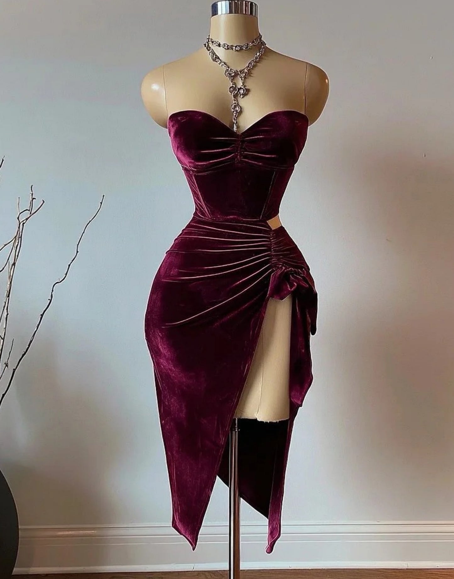 Chic Burgundy Prom Dress Velvet Sheath Evening Dress Sweetheart Birthday Dress ED07014