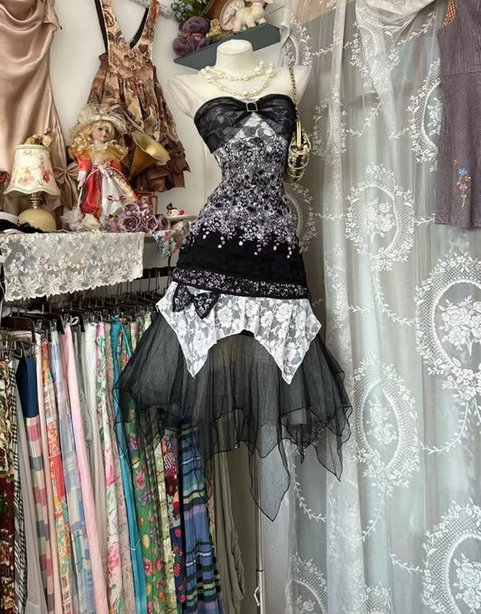 Elegantes schwarzes Tüll-Abendkleid, trägerlos, ED07015