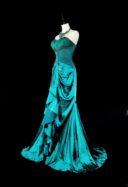 Robe de bal turquoise élégante, robe de soirée fourreau en satin, robe d'anniversaire bustier ED07017