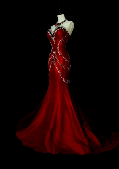 Robe de bal rouge chic en satin, décolleté cœur, coupe trapèze, robe d'anniversaire ED07019