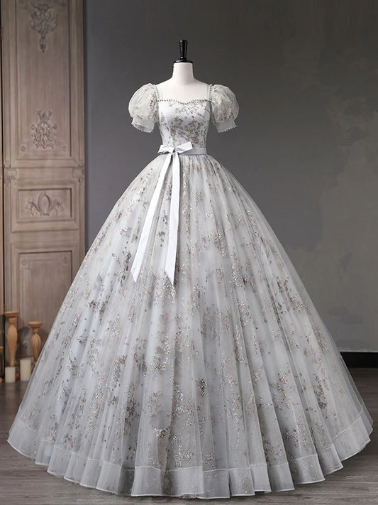 Graues A-Linien-Tüll-Pailletten-Ballkleid, Graues Abendkleid ED0702