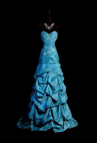 Classy Blue Prom Dress Satin Beaded Sheath Evening Dress Sweetheart Birthday Dress ED07021