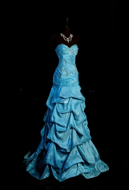 Classy Blue Prom Dress Satin Beaded Sheath Evening Dress Sweetheart Birthday Dress ED07021