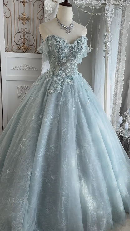 Chic Appliques Prom Dress Tulle A-Line Evening Dress Off-shoulder Birthday Dress ED07024