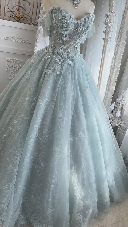Chic Appliques Prom Dress Tulle A-Line Evening Dress Off-shoulder Birthday Dress ED07024