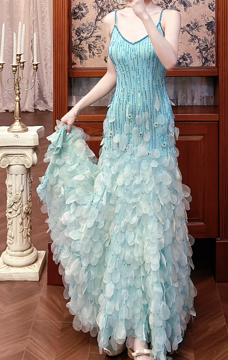 Chic Blue Prom Dress Tulle Sheath Evening Dress Spaghetti Straps Birthday Dress ED07025