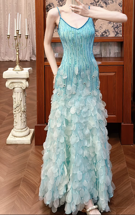 Chic Blue Prom Dress Tulle Sheath Evening Dress Spaghetti Straps Birthday Dress ED07025