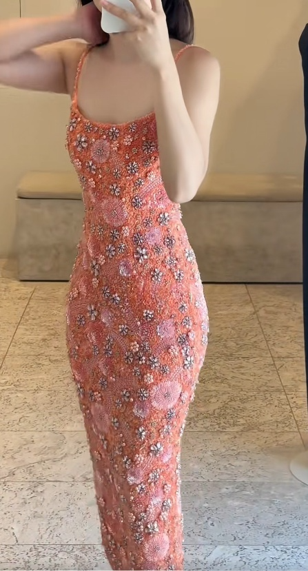 Chic Orange Prom Dress Beaded Sheath Evening Dress Spaghetti Straps Birthday Dress ED07026