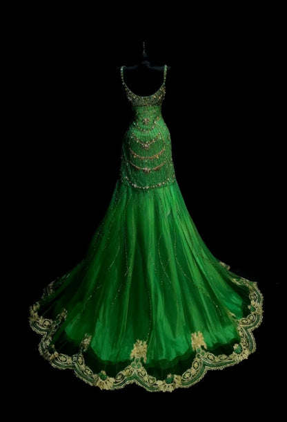 Chic Green Prom Dress Tulle Beaded Mermaid Evening Dress Spaghetti Straps Birthday Dress ED07027