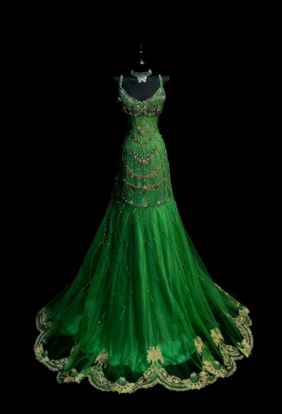 Chic Green Prom Dress Tulle Beaded Mermaid Evening Dress Spaghetti Straps Birthday Dress ED07027