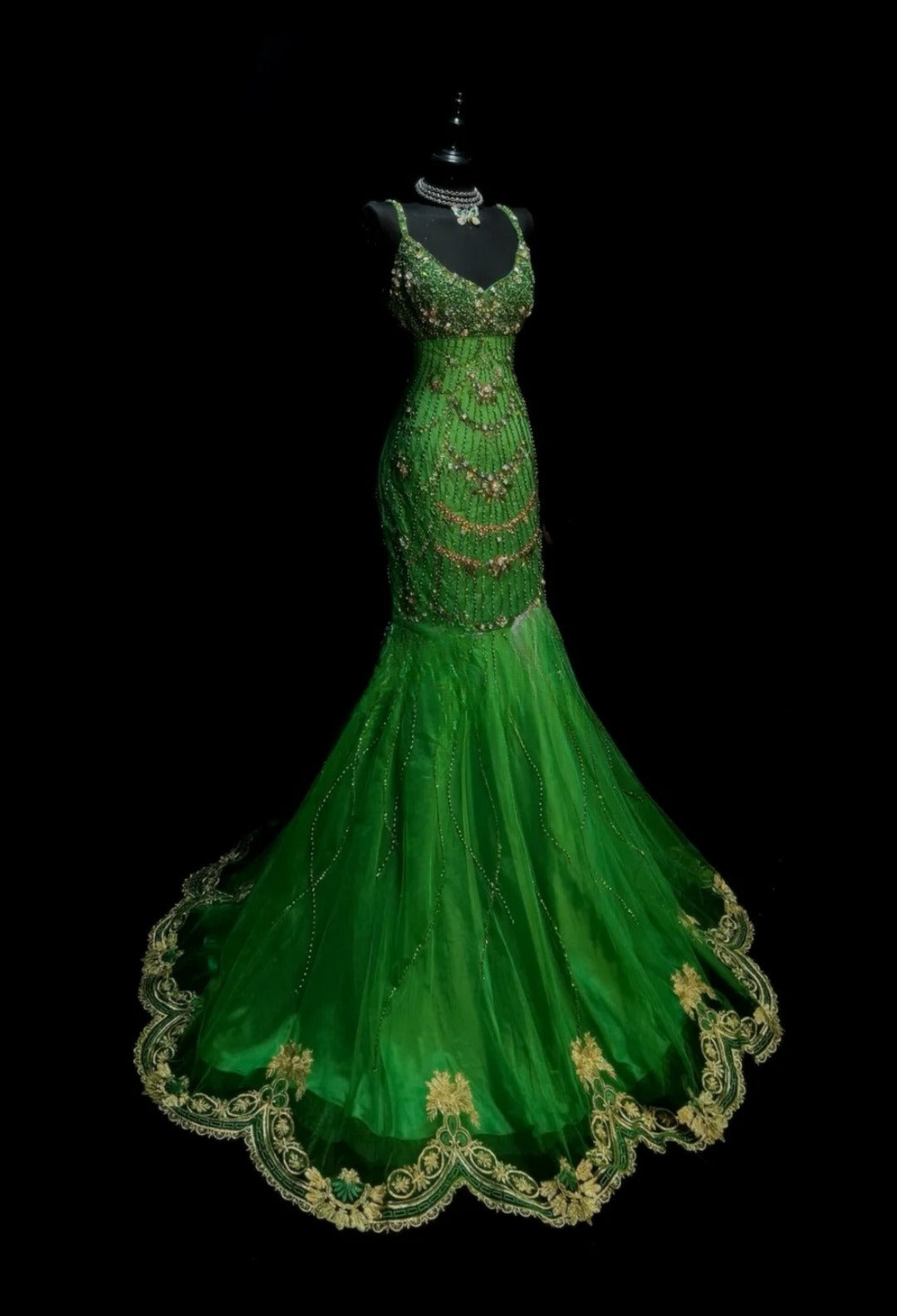Chic Green Prom Dress Tulle Beaded Mermaid Evening Dress Spaghetti Straps Birthday Dress ED07027