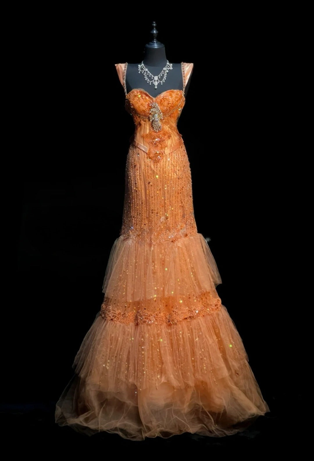 Chic Orange Prom Dress Tulle Beaded Mermaid Evening Dress Straps Birthday Dress ED07028