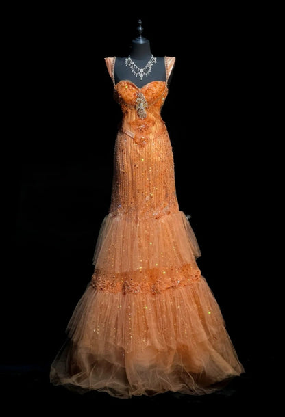 Chic Orange Prom Dress Tulle Beaded Mermaid Evening Dress Straps Birthday Dress ED07028