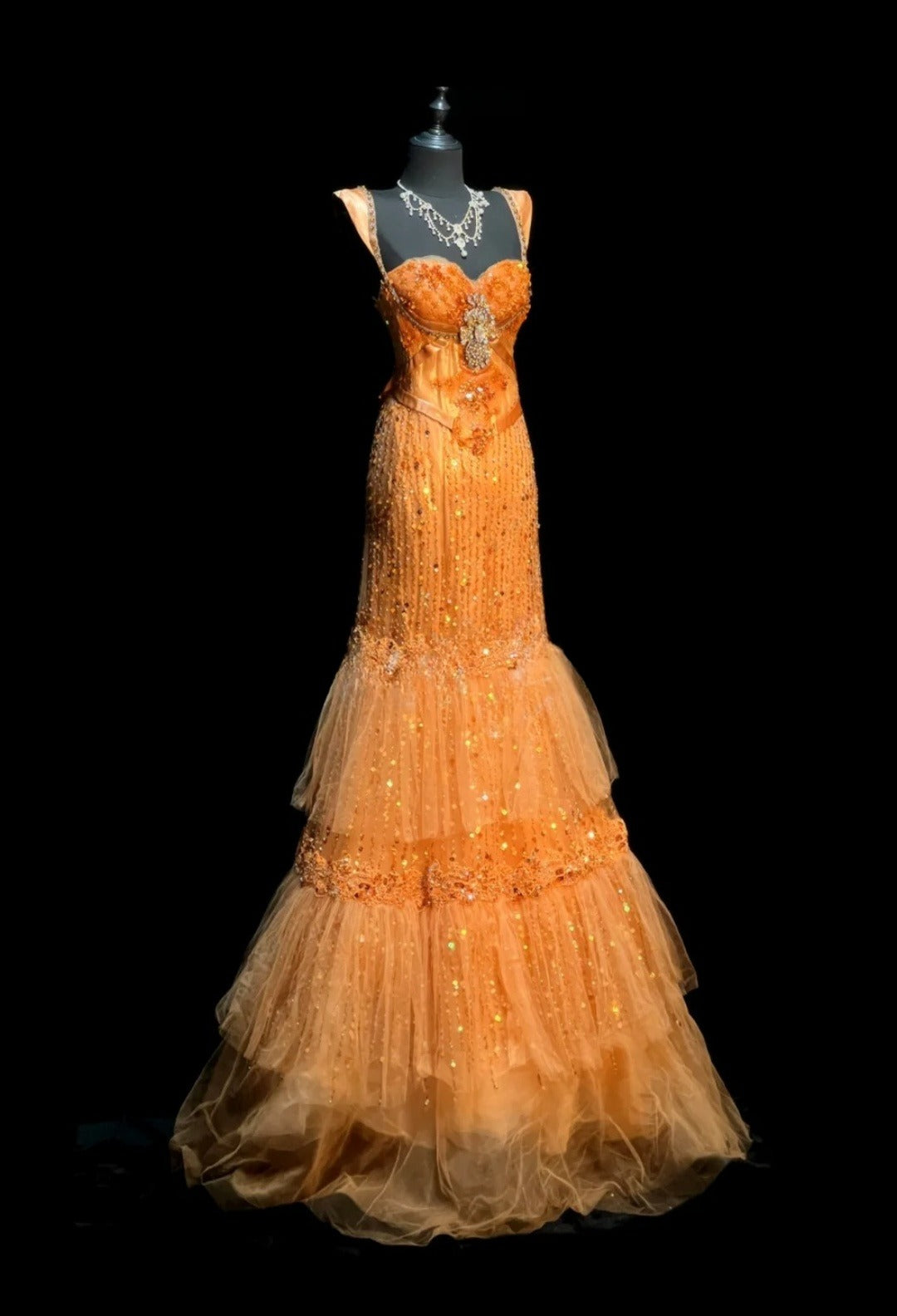 Chic Orange Prom Dress Tulle Beaded Mermaid Evening Dress Straps Birthday Dress ED07028