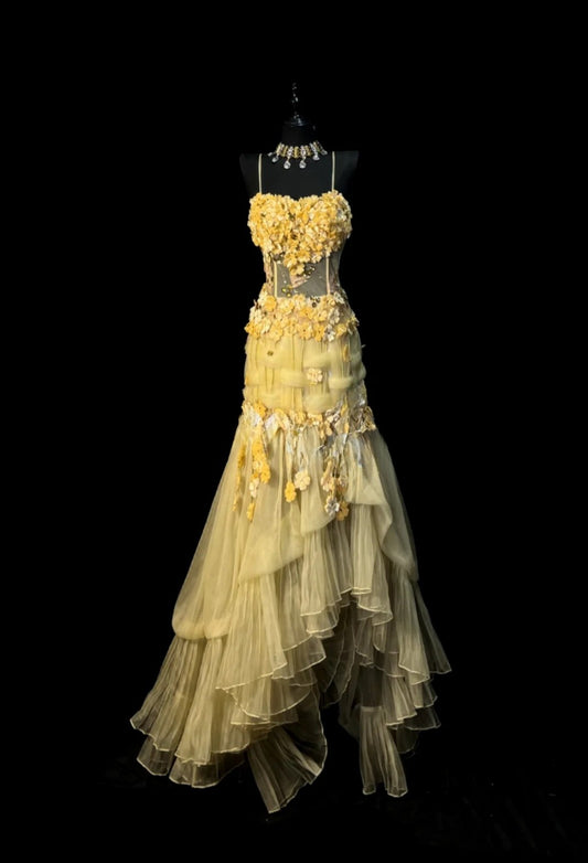 Gorgeous Yellow Prom Dress Tulle Appliques Sheath Evening Dress Spaghetti Straps Birthday Dress ED07029