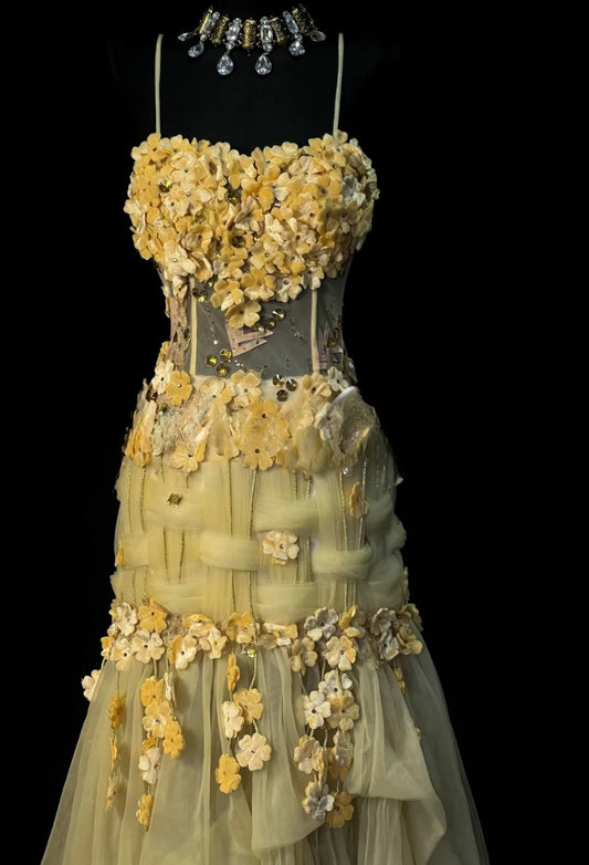 Gorgeous Yellow Prom Dress Tulle Appliques Sheath Evening Dress Spaghetti Straps Birthday Dress ED07029