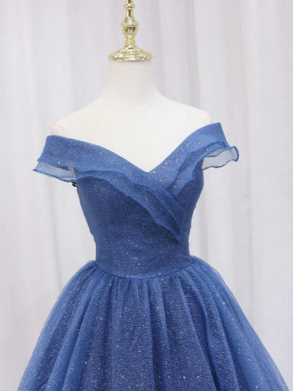 Robe de bal longue en tulle bleu foncé, coupe trapèze, robe de soirée formelle bleue ED0703